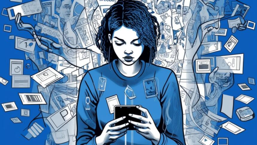 Computergeneriertes Bild einer jungen Frau, die auf ein Smartphone tippt, umgeben von Daten und Bildschirmen.