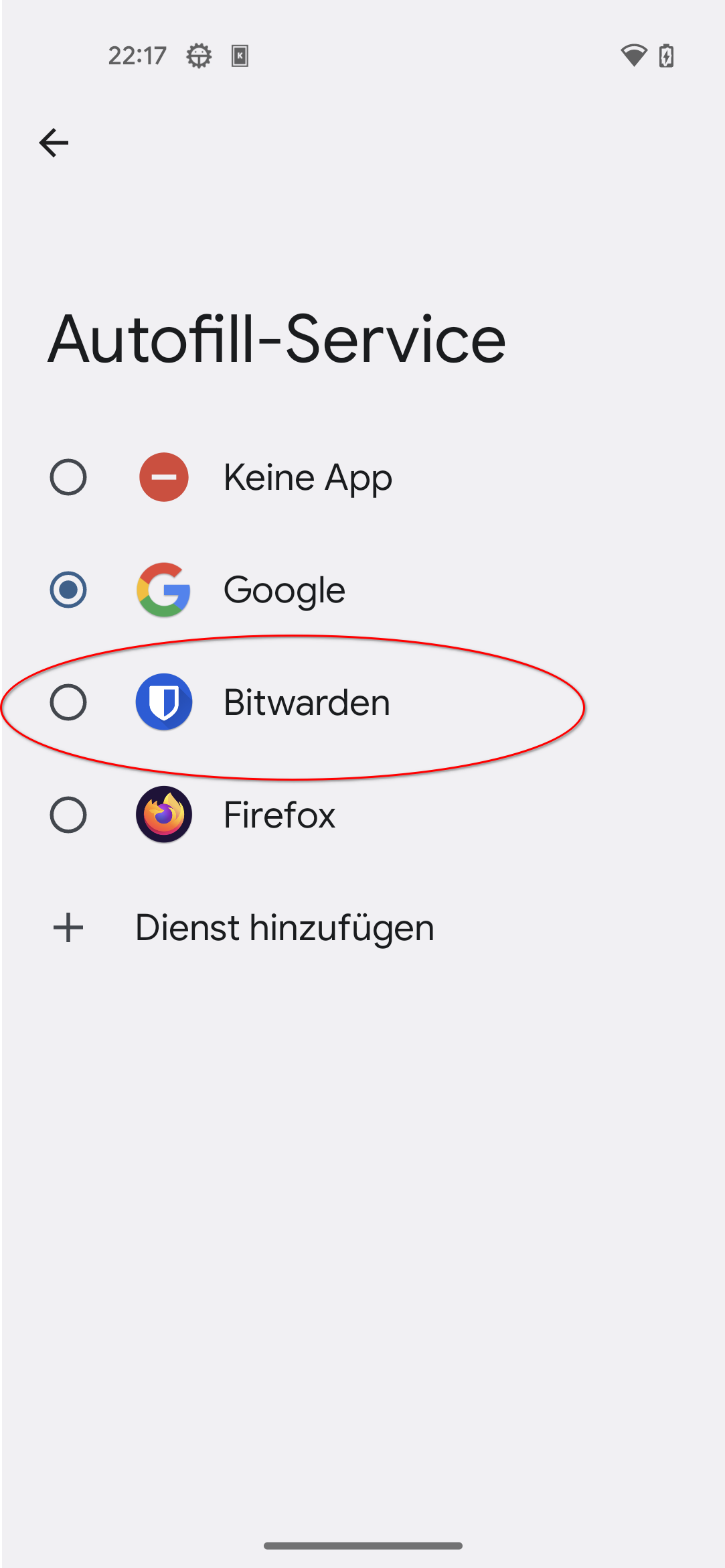 Wir sehen ein Fenster von Android in denen oben Steht Autofill-Service. Zur Auswahl stehen Keine App,Google,Bitwarden und Firefox. Bitwarden ist dabei rot umrandet